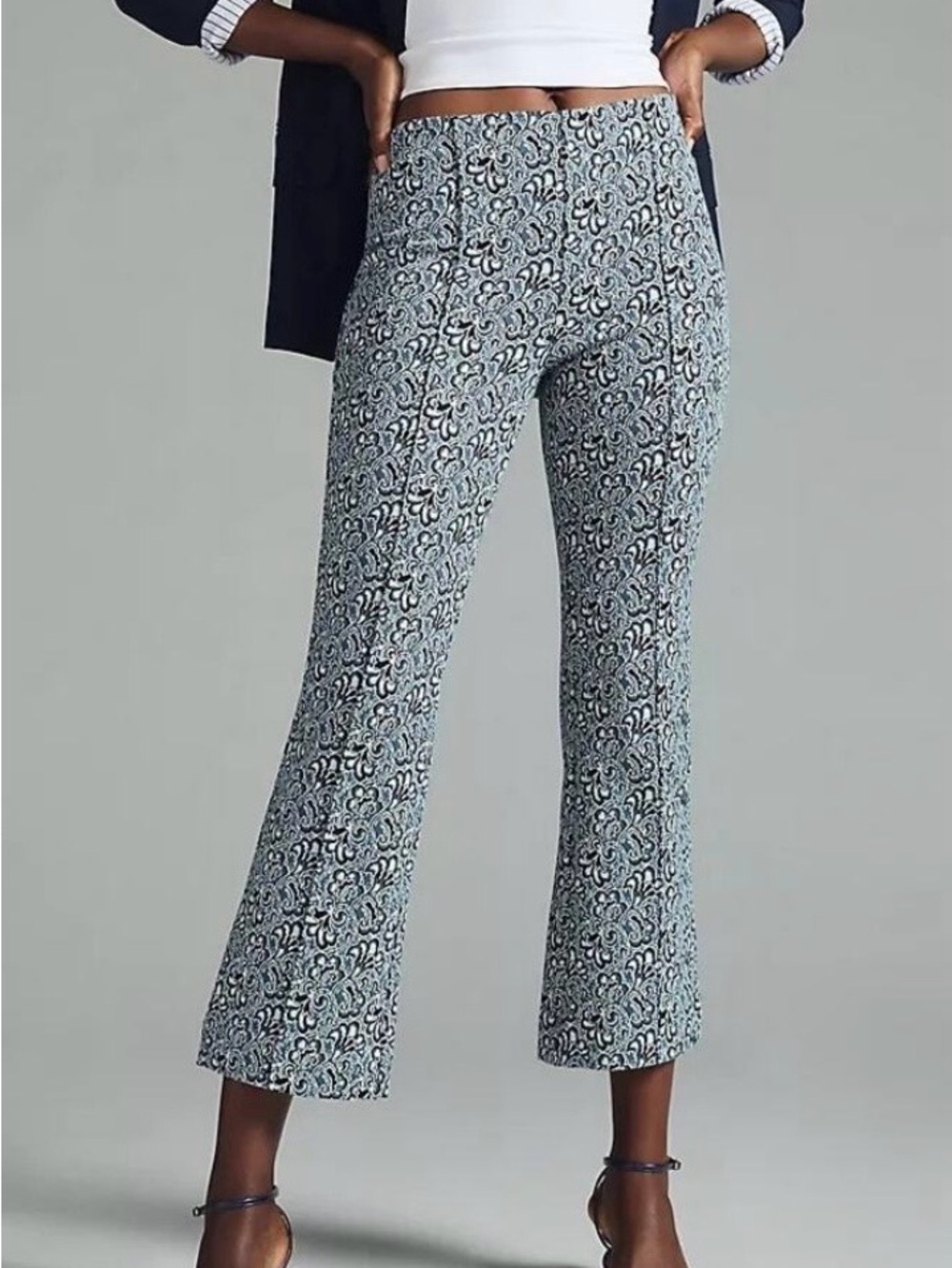 Maeve Anthropologie The Margot Kick Flare Cropped Pants Blue Paisley Jacquard M